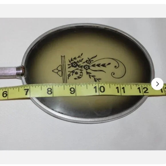 Vintage Hand Mirror Green Back 12.5 x 4.75 Inches Silver Tone Handle Art Deco - Picture 2 of 6